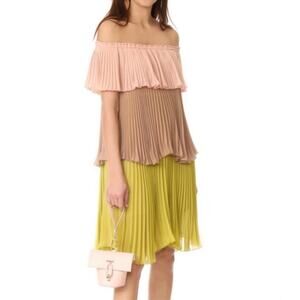 Delfi Collective Paige Dress Large Boho Off Shoulder Colorblock Pleat Retro USA